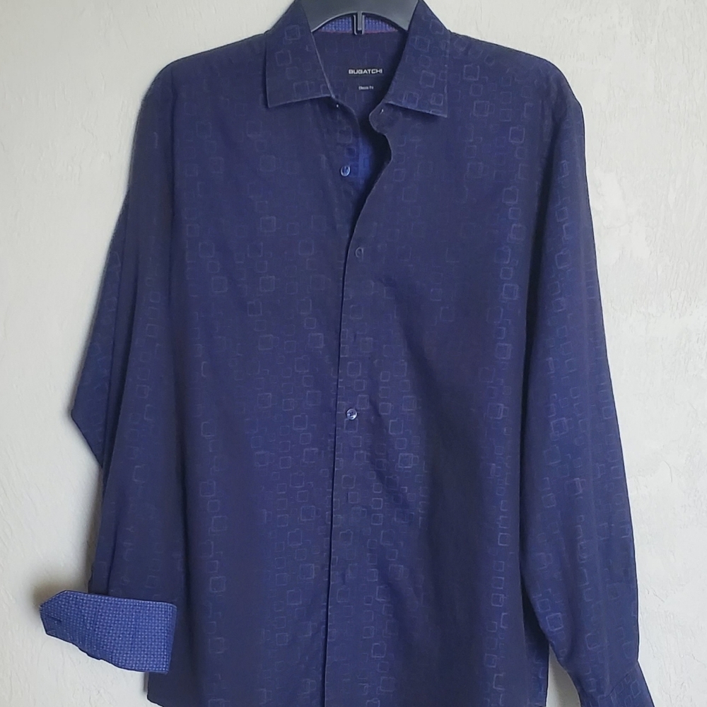 Bugatchi Navy All Over Geometric Pattern Shirt Me… - image 1